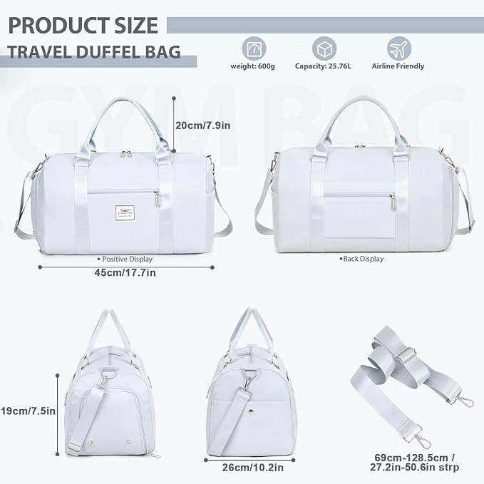 FIORETTO Womens Gym Tote Duffle Bag with Wet Pocket & Shoe Compartment, Sports Duffel Overnight Weekender Hospital Workout Carry on Bag for Girls, Ideal for Travel, Swimming, Dance, Ballet Grey-StrideForce Fitness