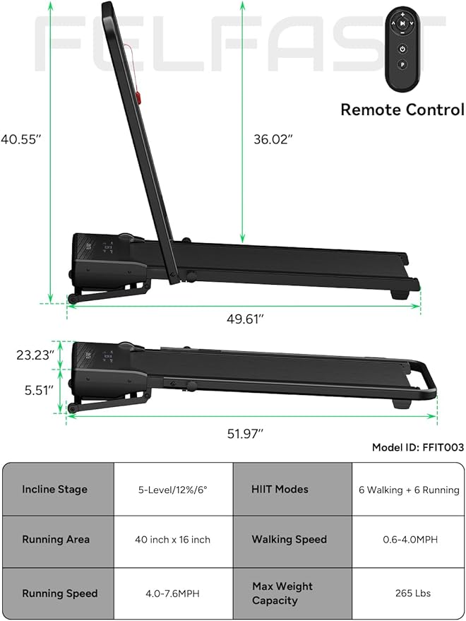 Walking Pad Treadmill, 12% 5-Level Auto Incline, 2-in-1 Under Desk Foldable w/Remote Control, 12 HIIT Mode, 265 Lbs, 7.6 MPH Max, Portable Treadmill for Office Home, No Tablet Stand-StrideForce Fitness