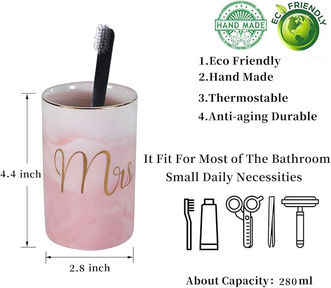 Kelake Ceramic Rustic Pink Marble Bathroom Tumbler Cup for Mouthwash Rinsing Toothbrush and Toothpaste Holder Letters Stand Cups 280 ml Porcelain Milk Drinking Cups for Christmas Birthday
