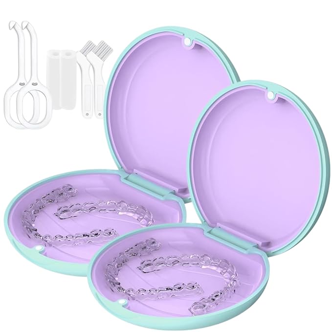 2 Retainer Case, Slim Aligner Cases for Invisalign, Mouthguard Case with Removal Tools& Aligners Chewies& Brush, Removable Inner Tray Silicone for Easy Cleaning (Green-2pcs)
