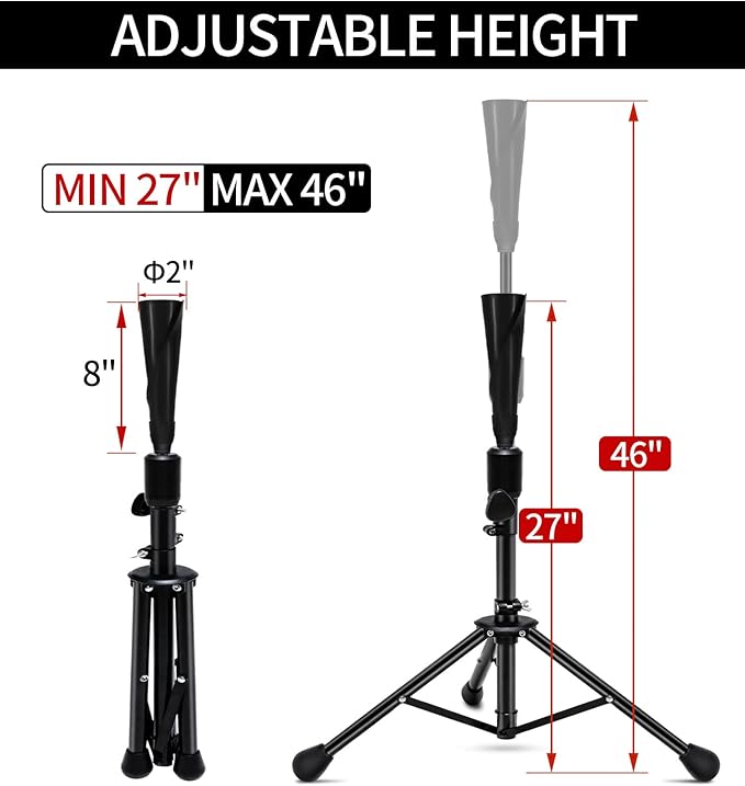 FDLS Baseball Batting tee for Adults and Youth Teens, Portable Tripod Stand Base Tee Easy Adjustable Height 27 to 46 inches for Hitting Training Practice, with Carrying Bag-StrideForce Fitness