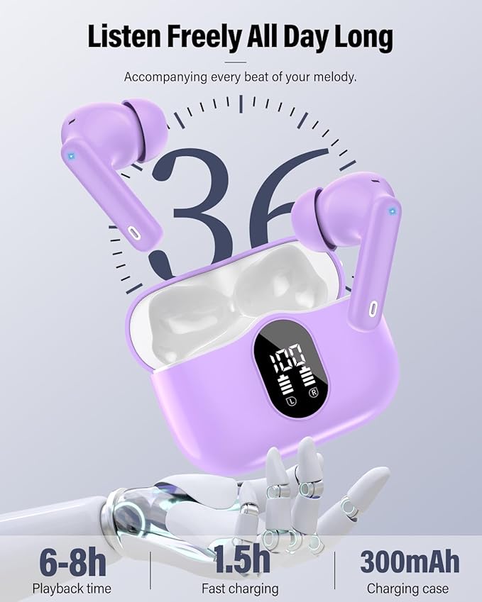 Wireless Earbuds, Bluetooth 5.4 Headphones Bass Stereo, Ear Buds with Noise Cancelling Mic, IP7 Waterproof in Ear Earphones, 36H LED Display Bluetooth Earbuds for Laptop Pad Phones Sports, Purple-StrideForce Fitness
