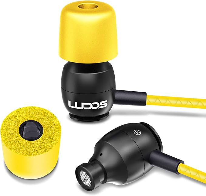 LUDOS Clamor Wired Earbuds in-Ear Headphones, 5 Years Warranty, Earphones with Microphone, Noise Isolating Ear Buds, Memory Foam for iPhone, Samsung, School Students, Kids, Women, Small Ears - Yellow-StrideForce Fitness
