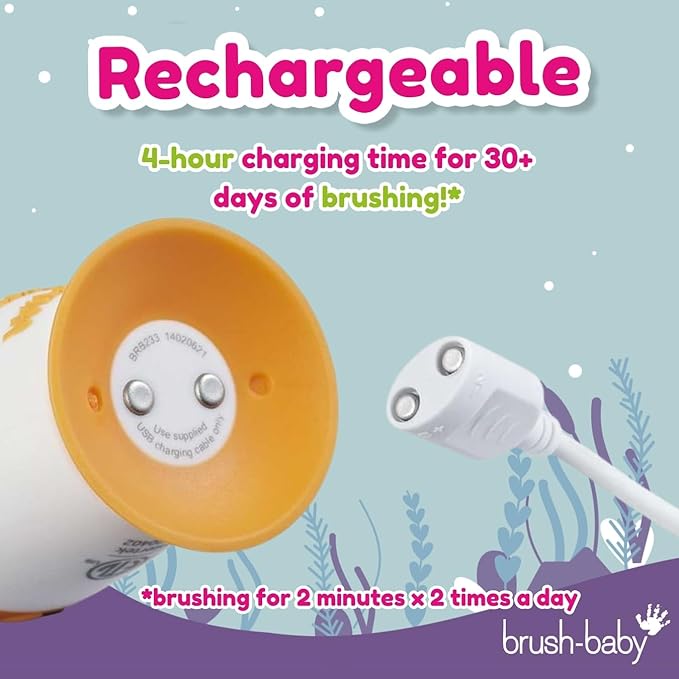 BrushBaby - WildOnes - Kids Rechargeable Electric Toothbrush, Ages 0-10 - Holly Hippo Design with Flashing Lights - DeepClean Bristles for Superior Cleaning - 2 Replacement Brush Heads, 1 USB Cable