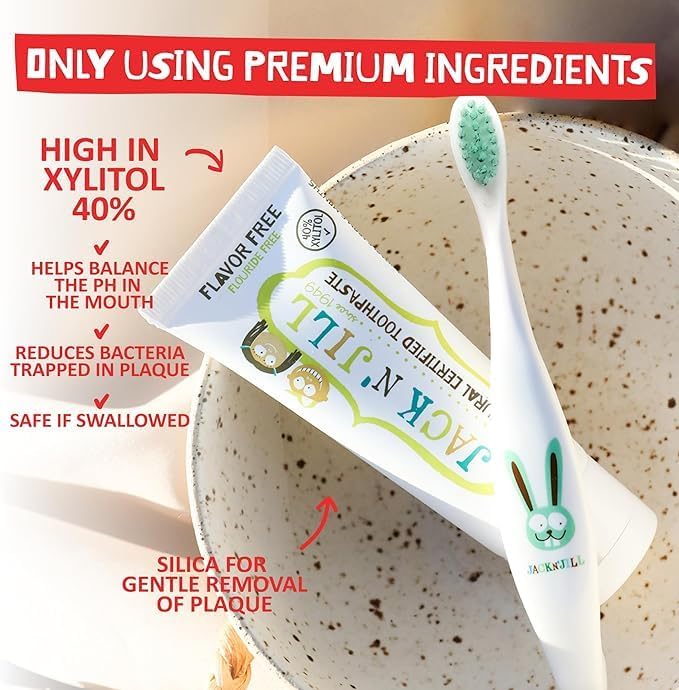 Jack N' Jill Natural Toothpaste for Baby and Infants - Fluoride Free Training Toothpaste, 40% Xylitol, BPA-Free - Flavor Free, 1.76 oz (Pack of 2)