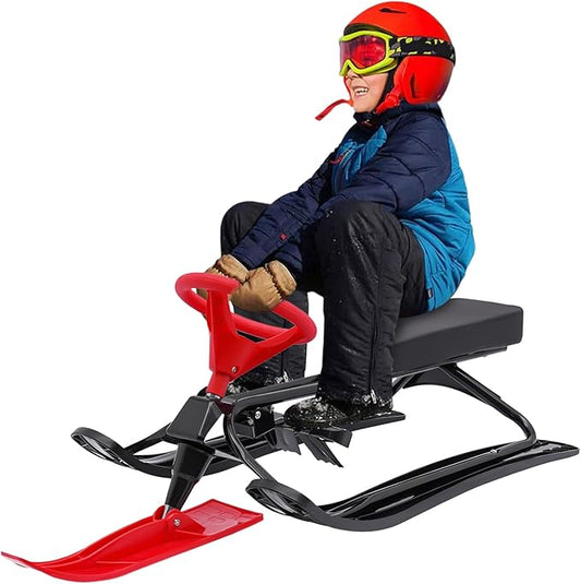 Sleds for Snow, Portable Snow Racer Winter Ski Sled Snow Sled W/Steering Wheel, Outdoor Ski Sled Slider Board for 3-15 Years Kids, Toboggan Pulling Boat Seat Sled for Ice Skating-StrideForce Fitness