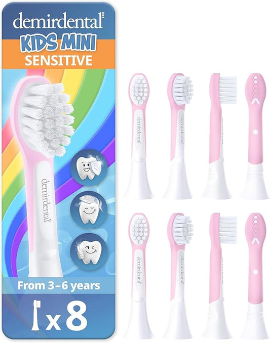 demirdental Kids mini Toothbrush Heads Compatible with Philips Sonicare Kids Toothbrush Heads - Replacement Heads mini Sensitive - Brush Heads mini from Ages 3 to 6 - Pink - Replaces HX6038-8 Pack