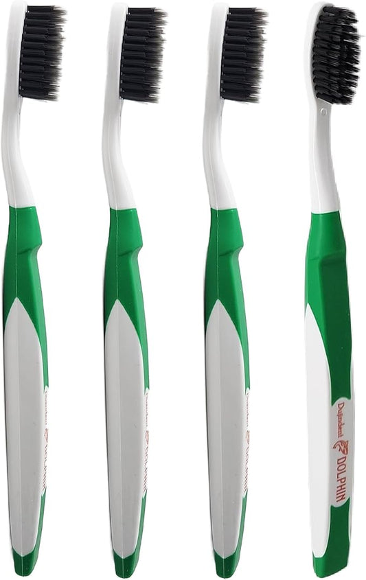 Dolphin Charcoal Toothbrush Extra Soft Bristle Manual Soft Long Flossing, Ultra Clean Toothbrush, Good for Sensitive Teeth and Gums (Green, Charcoal 4 Packs)