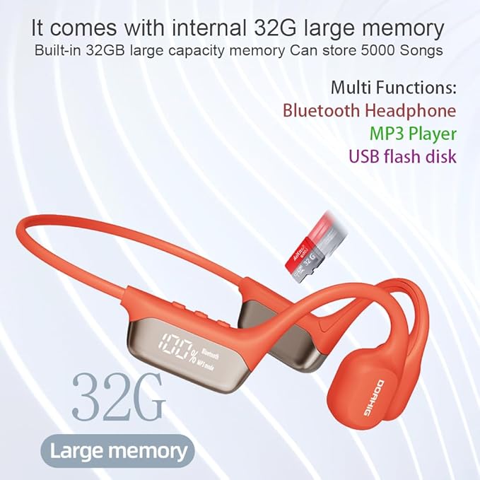 IHAO Swimming Headphones True Bone Conduction Open Ear Headset MP3 Player Built-in 32G Memory IP68 Underwater Waterproof Stereo Bluetooth Earphone for Driving Bicycling Running Skiing-Red-StrideForce Fitness