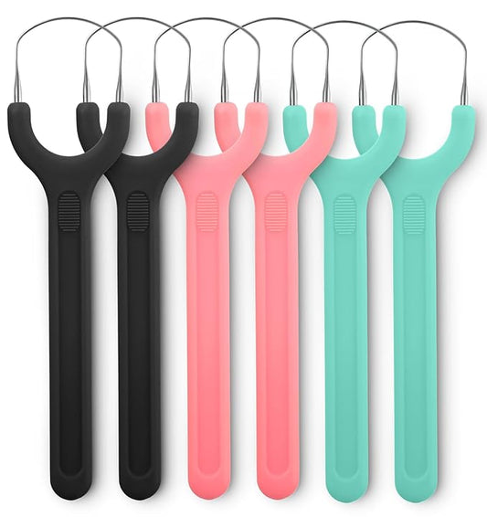 6Pack Tongue Scraper, Stainless Steel Tongue Cleaner for Adults, Metal Oral Hygiene Tool for Bad Breath, Easy to Use & Portable (3 Color)