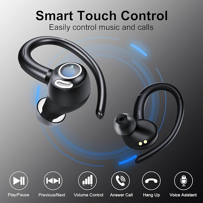 Wireless Earbuds Bluetooth 5.3 Headphones Sports, 48Hrs Playtime Bluetooth Earbuds with CVC 8.0 Mic, Stereo Bass Over Ear Bud with Earhooks, LED Display, IP7 Waterproof Earphon for Workout/Running-StrideForce Fitness