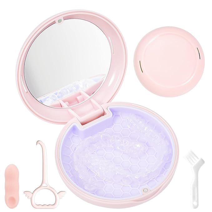 Retainer Case with Mirror,Slim Aligner Case with Vent Holes,Cute Dental Brace Box with Retainer Removal Tool and Brush (Pink)