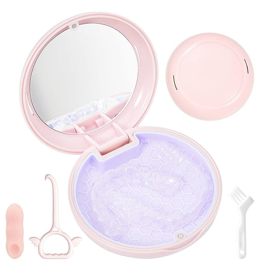 Retainer Case with Mirror,Slim Aligner Case with Vent Holes,Cute Dental Brace Box with Retainer Removal Tool and Brush (Pink)