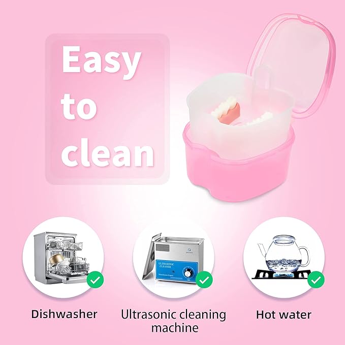 Dental Orthodontic Retainer Container Cleaning Case,Denture Bath Box Case Cup Holder, Mouthguard Storage Soaking Case - Pink