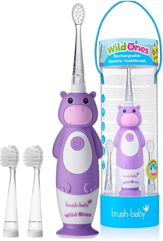 BrushBaby - WildOnes - Kids Rechargeable Electric Toothbrush, Ages 0-10 - Holly Hippo Design with Flashing Lights - DeepClean Bristles for Superior Cleaning - 2 Replacement Brush Heads, 1 USB Cable