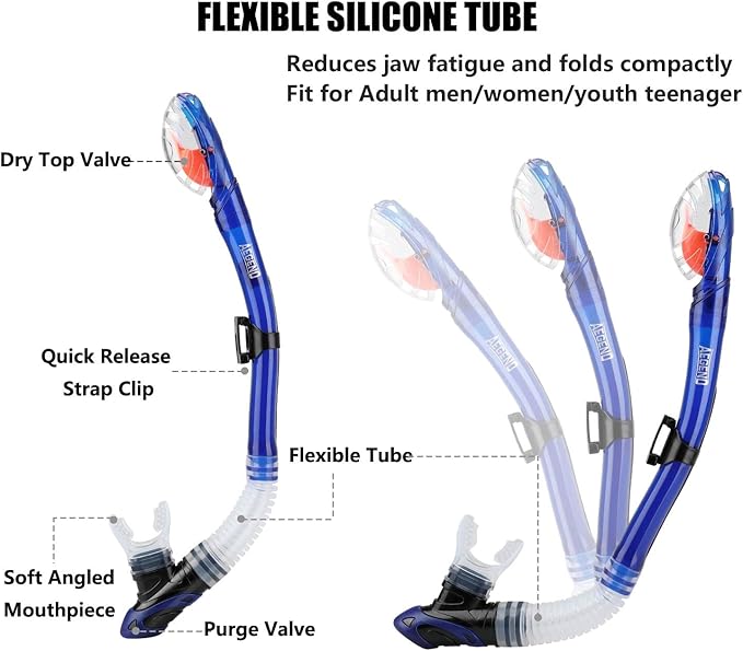 Aegend Dry Snorkel, Dive Mask Easy-Breath Free Diving Snorkel for Snorkeling Scuba Diving Freediving Swimming, with Top Dry Valve and Food-Grade Silicone Mouthpiece-StrideForce Fitness