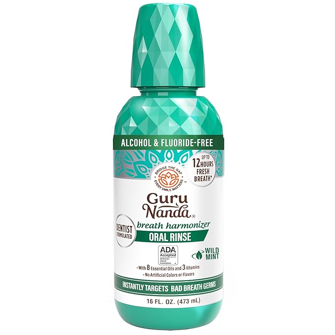 GuruNanda Fresh Breath Mouthwash, ADA-Accepted, Alcohol & Fluoride-Free, Sodium Chlorite, Essential Oils & Vitamins, 12-Hrs Fresh Breath, Wild Mint, 16 oz