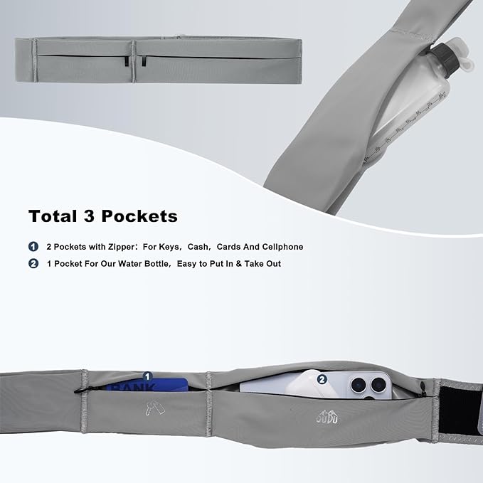 Running Belt for Women and Men, Water Proof Running Belts Fanny Pack with Water Bottle,Slim Hydration Running Bag Belts with Phone Bottle Holder Adjustable Fit for Runner (Grey, Medium)-StrideForce Fitness