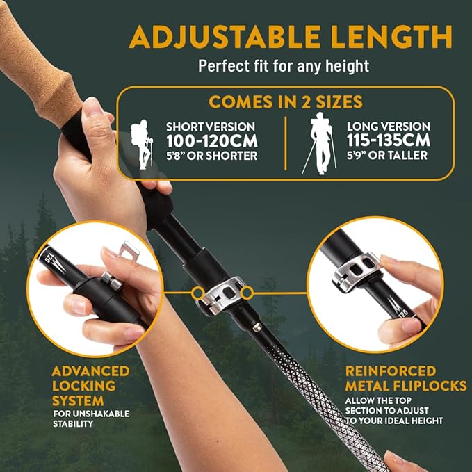 Premium Foldable Hiking Poles by USA Brand - Adjustable, Lightweight Trekking Poles Made of Aircraft Aluminum, Metal Flip Locks & Comfortable Real Cork and EVA Foam Grips-StrideForce Fitness