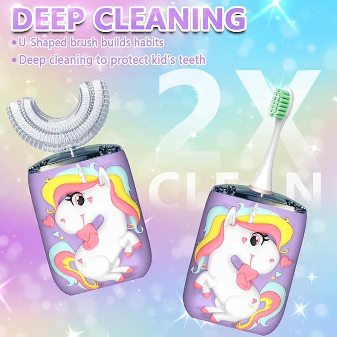 Kids U-Shaped Electric Toothbrush, Sonic Automatic Toothbrush with 4 Brush Heads, 360° Whole Mouth Cleaning Six Modes, Unicorn Design, IPX7 Waterproof, Rechargeable Birthday Gift (Purple, Kids 2-7)