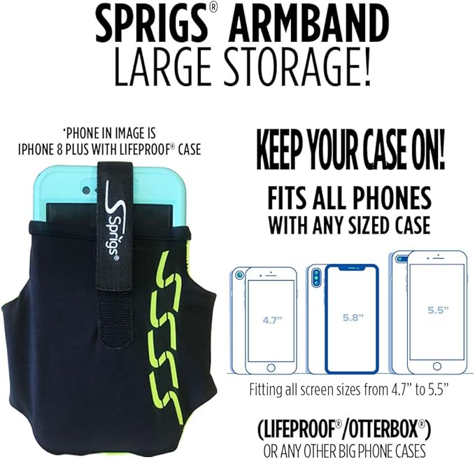 Sprigs Phone Armband Sleeve for iPhone 14, 13, 12, 11, X Galaxy Z, S22, S21, S20 Google Pixel 7, 6, 5. The Lightest & Most Comfortable Running Armband, Stretches to Fit All Phones with Case for Women & Men-StrideForce Fitness