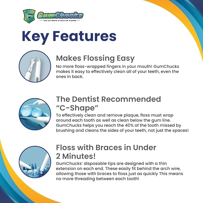 GumChucks Orthodontic Flossers Dental Floss - Floss for Braces - Brace Floss Picks - Gum Flossing Picks - Ortho Dental Flossers (Adult Starter Pack Bundle)