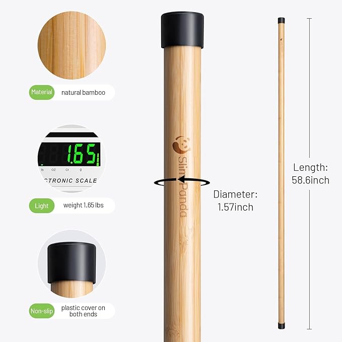Slim Panda Yoga Stick, 5ft Natural Bamboo Stick with Rubber Ends, Exercise Stretching Stick for Yoga, Stretching, Balance and Correcting Posture, Rehabilitation Physical Therapy Aids-StrideForce Fitness