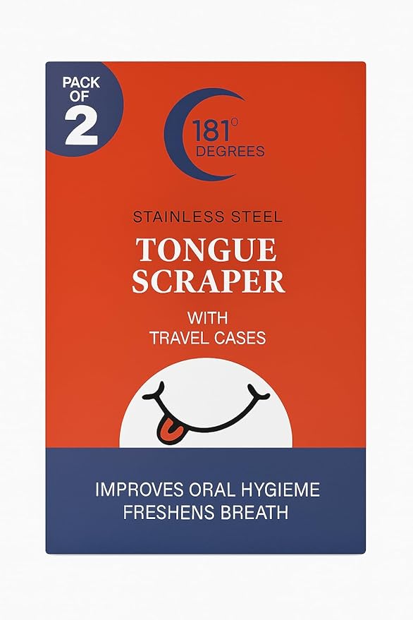 New Tongue Scraper for Adults with Multicolor Travel Cases (2 Pack), 100% Stainless Steel, Reduce Bad Breath, Tongue Scrubber, Oral Care & Hygiene (181 Degrees)