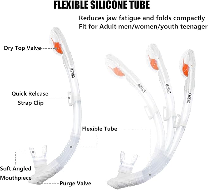 Aegend Dry Snorkel, Dive Mask Easy-Breath Free Diving Snorkel for Snorkeling Scuba Diving Freediving Swimming, with Top Dry Valve and Food-Grade Silicone Mouthpiece-StrideForce Fitness