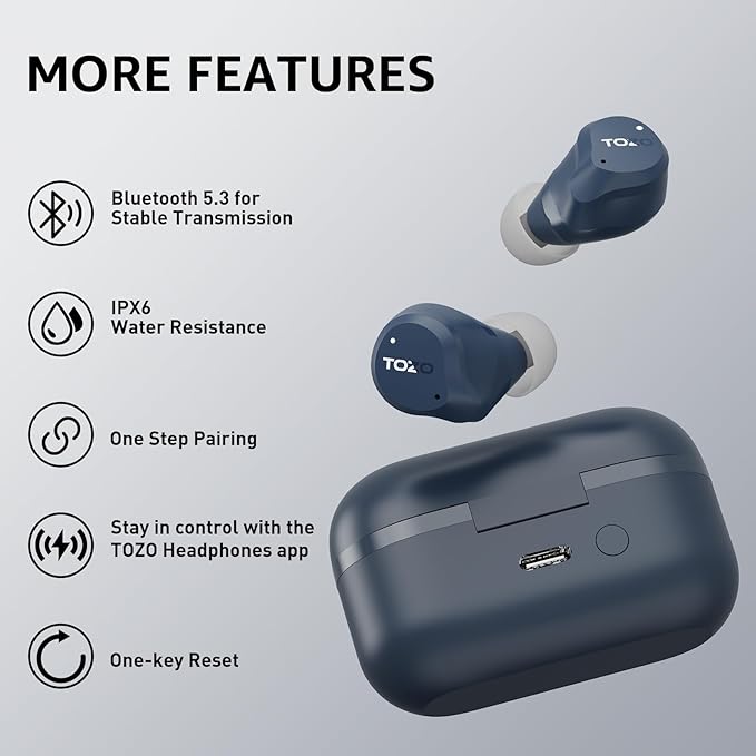 TOZO NC9 Hybrid Active Noise Cancelling Wireless Earbuds, 6 Mics ENC Clear Call, IPX8 Waterproof, in Ear Bluetooth 5.3 Headphones Stereo Bass Ear Buds 59H Playtime with LED Display 32 EQs via APP-StrideForce Fitness