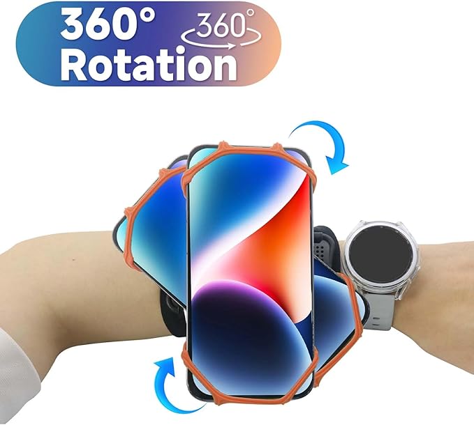 Wristband Phone Holder for Running, 360°Rotation & Detachable Sports Armband with Key Holder for iPhone 16/15/14/13/12/Pro/Pro Max/XS/XR/X/8/7/6/Plus, Fits 4.5-7 Inch Smartphones (Orange)-StrideForce Fitness