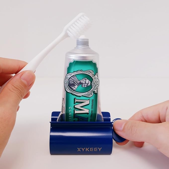 XYKEEY Toothpaste Tube Squeezer - Set of 2 Toothpaste Squeezer Rollers, Metal Toothpaste Tube Wringer Seat Holder Stand (Blue)