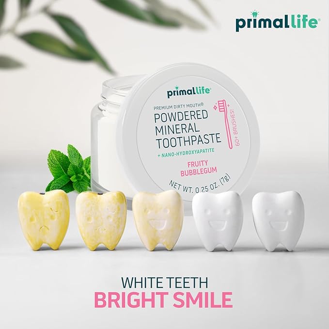 Primal Life Organics - Dirty Mouth Toothpowder, Tooth Cleaning Powder, Flavored Essential Oils with Natural Kaolin & Bentonite Clay, Good for 60+ Brushings, Organic, Vegan (Sweet Bubblegum, 0.25 oz)