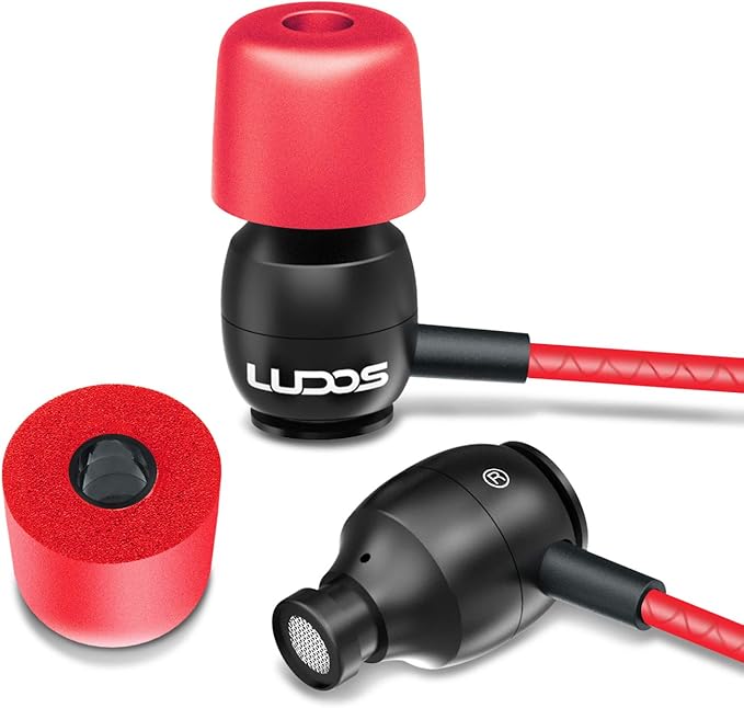 LUDOS Clamor Wired Earbuds in-Ear Headphones, 5 Years Warranty, Earphones with Microphone, Noise Isolating Ear Buds, Memory Foam for iPhone, Samsung, School Students, Kids, Women, Small Ears - Red-StrideForce Fitness