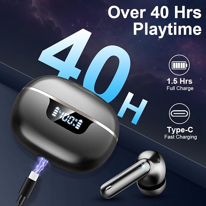 Wireless Earbuds Bluetooth Headphones Noise Cancelling, Bluetooth 5.4 Ear bud with Dynamic Drivers Stereo, 40H Playtime Sports Earphones Wireless Waterproof with LED Power Display for Laptop Pad Phone-StrideForce Fitness