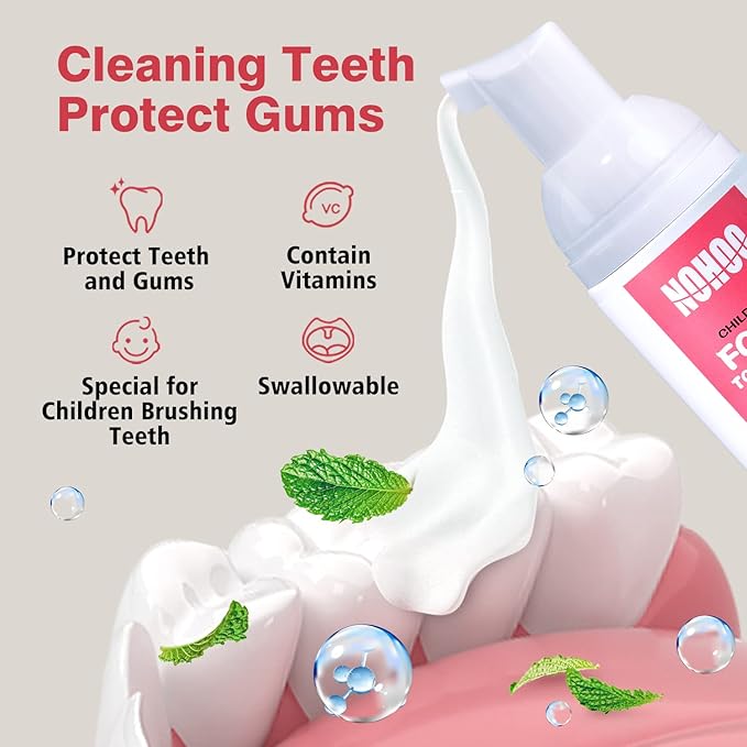 NOHOO Fluoride Free Foam Toothpaste Kids Fruit Flavour,Natural Training Toothpaste for Baby Toddler Children Oral Cleaning and Cavity Protection(Strawberry + Cantaloupe)