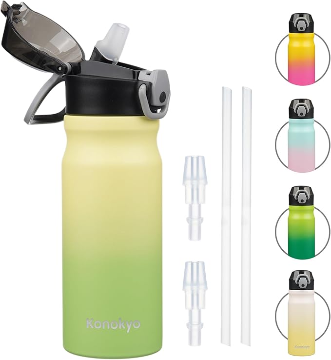 Insulated Water Bottle with Straw and Carry Loop,18 oz Stainless Steel Double Wall Vaccum Metal Water Flask with Leak-proof Lid,Lime-StrideForce Fitness