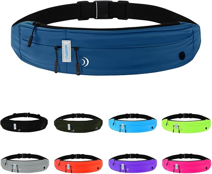 WATERFLY Running Belt Fanny Pack: Runner Marathon Jogging Waist Pack Sport Workout Exercise Fitness Phone Holder Belt for Men Women Jogger Slim Waistband Dark Blue-StrideForce Fitness