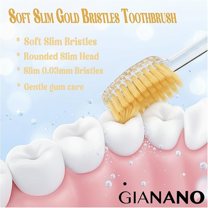 Soft Slim Gold Bristles Toothbrush for Sensitive Gums - Soft Slim Bristles, Compact Head, Toothbrushes for Adults / 4-Piece Set (Blue, Green, Pink, Violet)