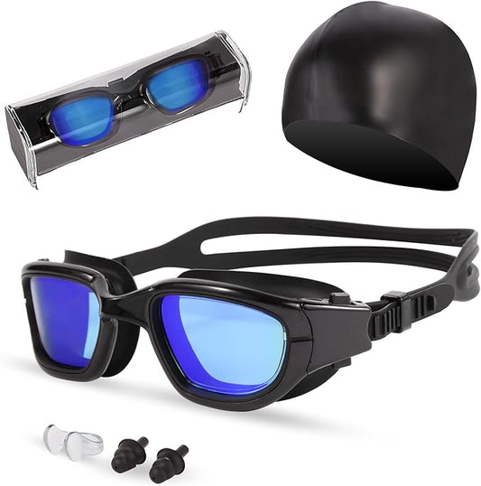 Swim Goggles, Goggles Adult with Swimming Cap, Nose Clip & Ear Plugs, UV Protection Anti-Fog Lens and Case for Adult-StrideForce Fitness