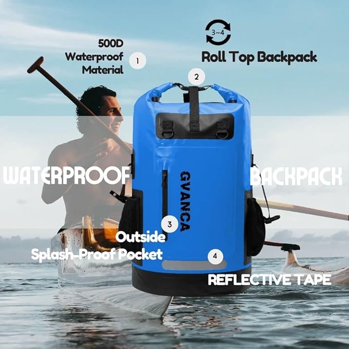 Waterproof Roll Top Kayak Dry Backpack, Floating Outdoor Dry Sack Boating Sailing Canoeing Rafting Fishing Camping 55L Blue-StrideForce Fitness