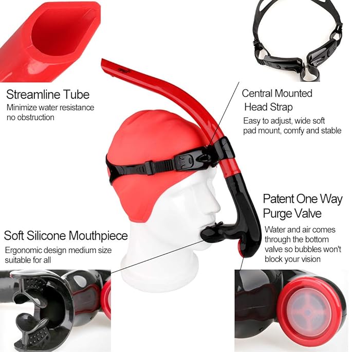 COPOZZ Swim Snorkel for Lap Swimming Swimmers Training Snorkeling Diving, Center Mount Comfortable Silicone Mouthpiece One-Way Purge Valve-StrideForce Fitness