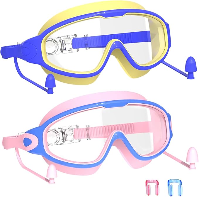 Swim Goggles for Kids 3-15 with Earplugs Large Frame Anti-Fog/UV Swimming Goggles for Boys Girls Toddler 2PCS-StrideForce Fitness