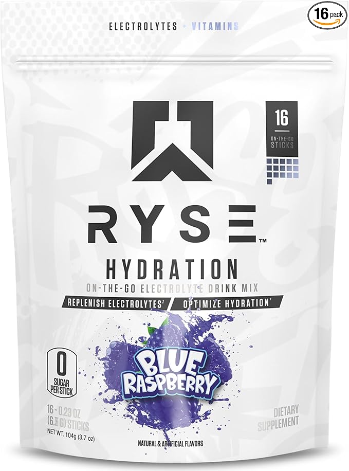 RYSE Hydration Electrolyte Powder Drink Mix Packets - Blue Raspberry - Sugar-Free Full Spectrum Electrolytes with Essential Vitamins, Taurine and Choline for Rehydration - 16 Serving Sticks-StrideForce Fitness