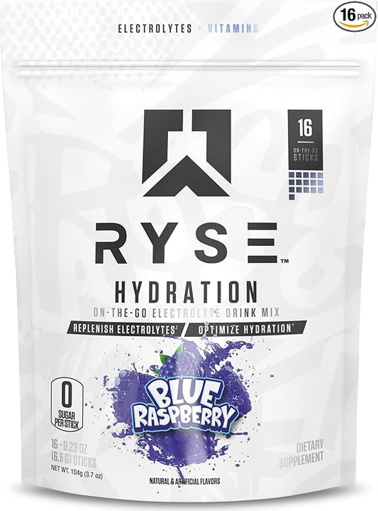 RYSE Hydration Electrolyte Powder Drink Mix Packets - Blue Raspberry - Sugar-Free Full Spectrum Electrolytes with Essential Vitamins, Taurine and Choline for Rehydration - 16 Serving Sticks-StrideForce Fitness