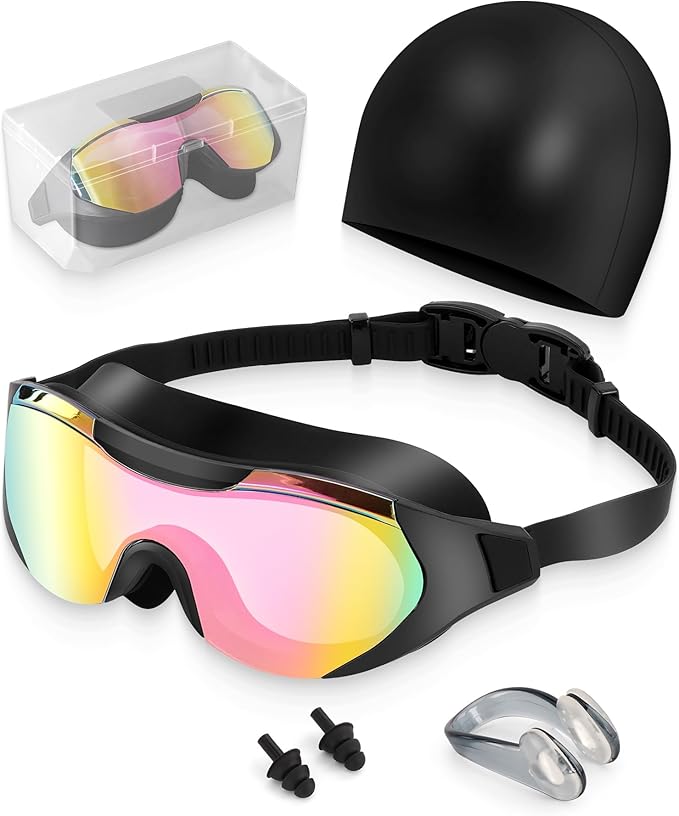 Swim Goggles with Nose Clip, Ear Plugs & Swim Cap, Anti-Fog UV Protection Lens, Leakproof Adjustable Strap for Adult-StrideForce Fitness