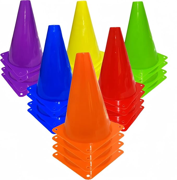 24 Pcs 7 Inch Plastic Traffic Cones, Basketball Football Drills, Skating, Sport Training Agility Markers, Indoor Outdoor Games, Multicolor-StrideForce Fitness