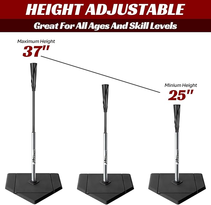 Portable Baseball Batting Tee, Height Adjustable from 25-37 inch Hitting Tee for Baseball and Softball,Premium Baseball Tee with Rubber Top,Alumium Pole,Metal Base for Kids/Youths/Adults-StrideForce Fitness