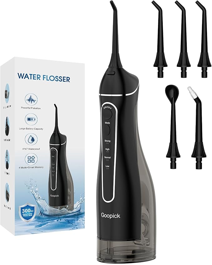 Cordless Portable Water Flosser with 300ML Tank: Rechargeable Oral Irrigator with 5 Tips for Travel, Braces Care and Sensitive Gums, IPX7 Waterproof Teeth Cleaning Device(Black)
