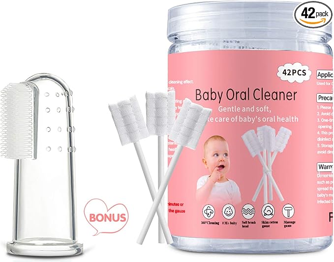 EASICUTI Baby Tongue Cleaner, 42Pcs Disposable Infant Toothbrush, Gauze Gum Cleaner Baby Oral Cleaning Stick Dental Care for 0-36 Months + Free 1 Finger Toothbrush